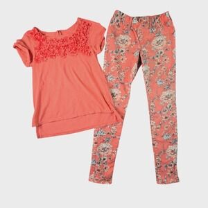 GapKids 2 Piece Outfit Girls XL 12 Coral Pink Floral Applique Top & Skinny Jeans